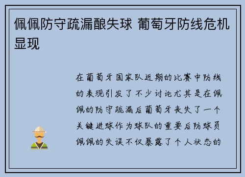 佩佩防守疏漏酿失球 葡萄牙防线危机显现